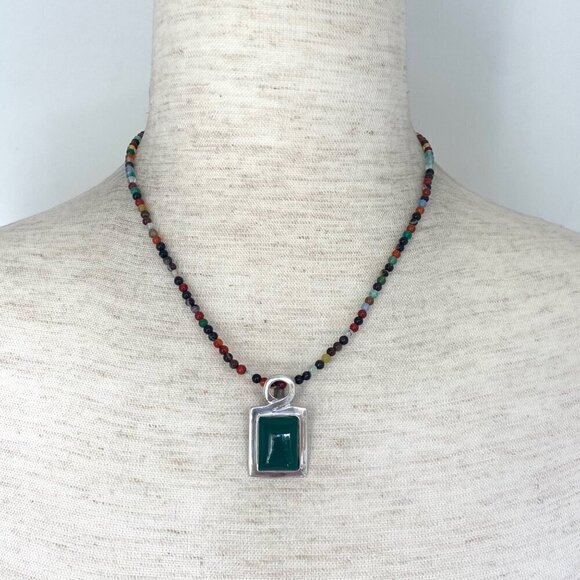 Sterling Silver 925 Multicolor Beaded Green Chrysoprase Pendant Necklace 18" - Picture 1 of 16